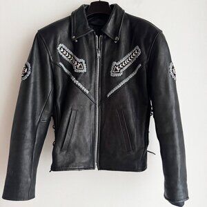 Vintage Black Leather Beaded Jacket Braised with side Ties.